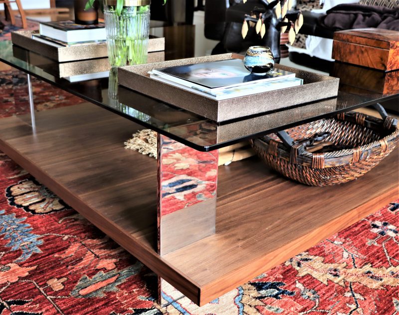 large square glass stainless steel and american walnut coffee table